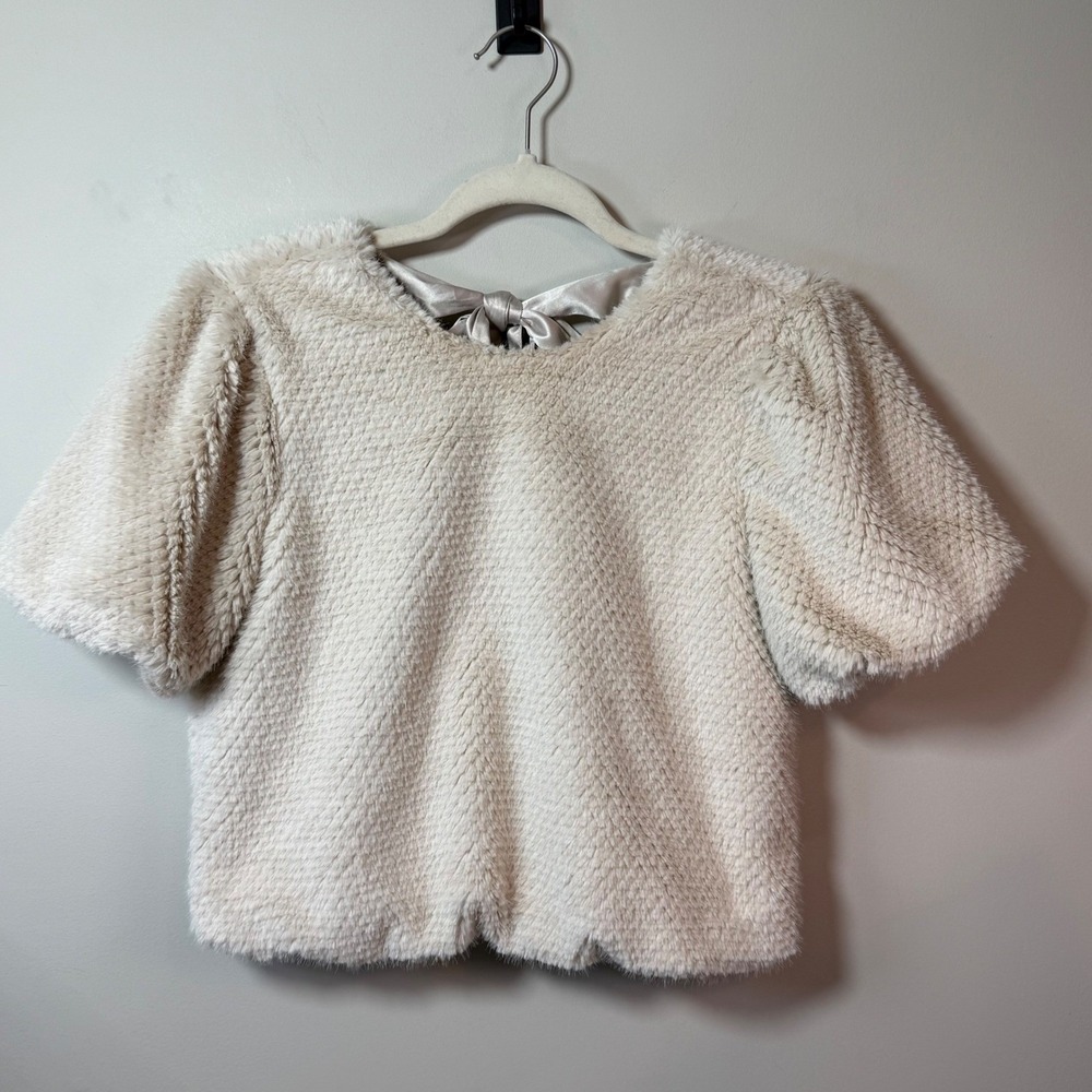 Greylin Faux Fur Crop Top Women XS Cream Satin Bow Tie Back Puff Sleeve Cocktail